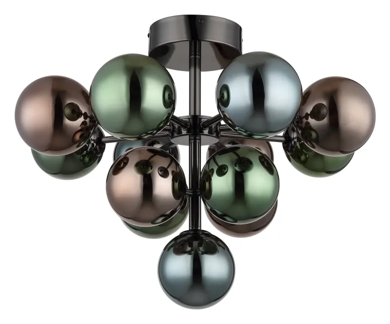 Grappy Ø56 Veelkleurig plafondlamp Van Globo Lighting - Den svarta, kromade metallstommen ger en modern touch, medan lampsk&auml;rmen pryds av en harmonisk blandning av brons-, gr&ouml;na och petrolf&auml;rgade glasklot.