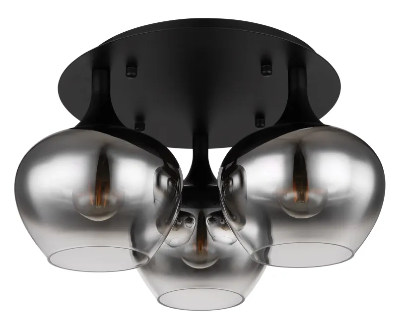 Maxy Ø45 Rookkleurig plafondlamp Van Globo Lighting - P&aring; en rund takplatta av matttsvart metall sitter tre vackert formade r&ouml;kf&auml;rgade glaskupor.