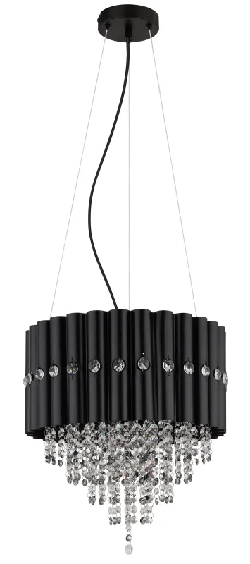 Eleos Ø40 Zwart hanglamp Van Globo Lighting - Med en stomme i matt svartlackerad metall och en lampsk&auml;rm i samma nyans sm&auml;lter den harmoniskt in i b&aring;de moderna och klassiska interi&ouml;rer.
