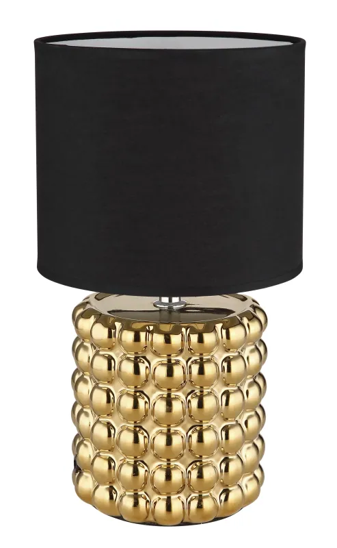 Valentino 33cm Goud tafellamp Van Globo Lighting - P&aring; en cylinderformad fot i guldf&auml;rgad keramik vilar en stilren, svart textilsk&auml;rm.
