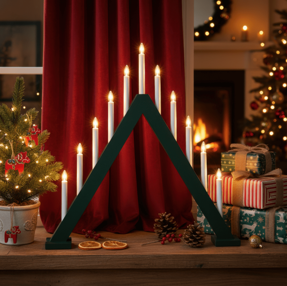 Nova 11 Donkergroen Van Pixie Design - Nova is een klassieke houten kandelaar met elf kaarsen en een prachtige donkergroene kleur die doet denken aan traditionele kerstvieringen.