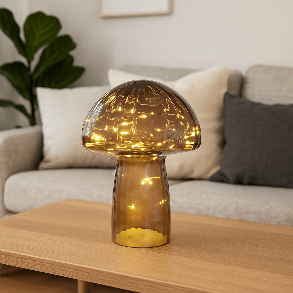 Mushroom 23cm Kastanjebruin tafellamp Van Pixie Design - De lamp is voorzien van een timer en een praktische 5-staps dimmer, waarmee u het licht naar wens kunt aanpassen.