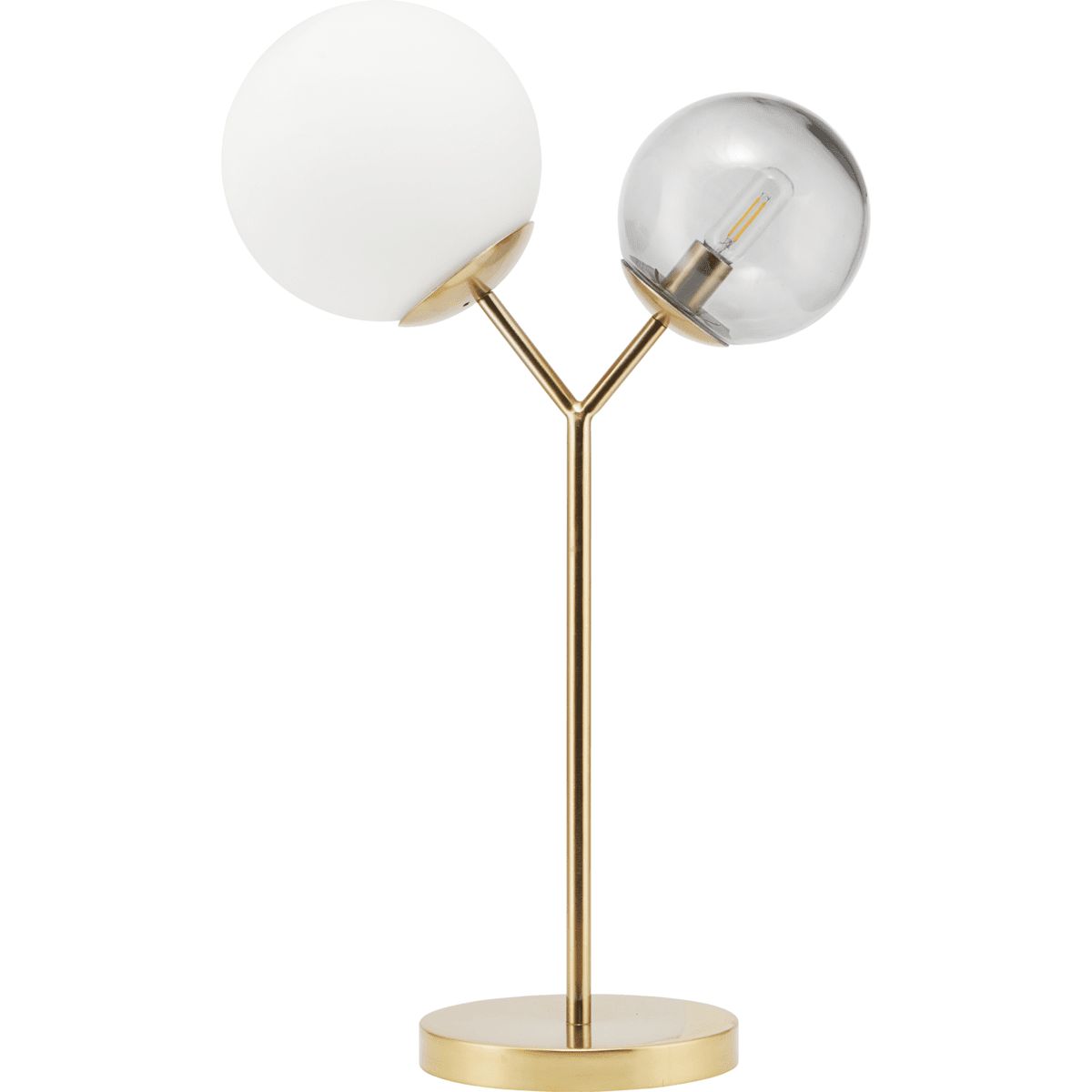 Twice 62cm Messing tafellamp Van House Doctor - De tafellamp heeft een messing voet en twee glazen kappen: &eacute;&eacute;n in het wit en &eacute;&eacute;n in de kleur rookgrijs.