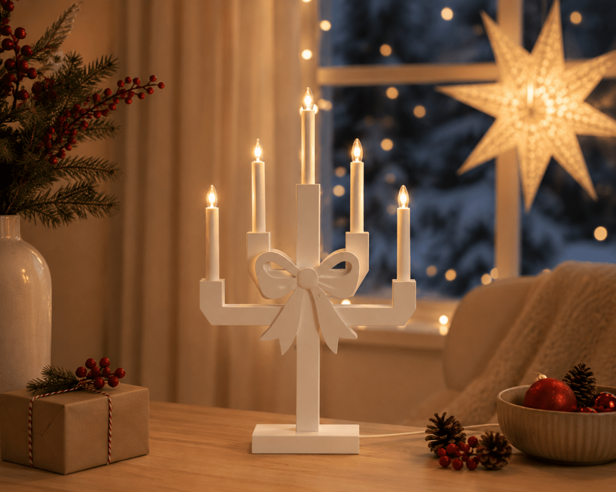 Kerstin Wit Van Pixie Design - Kerstin is een decoratieve houten kandelaar, wit geverfd en versierd met een grote strik die hem een charmante en speelse uitstraling geeft.