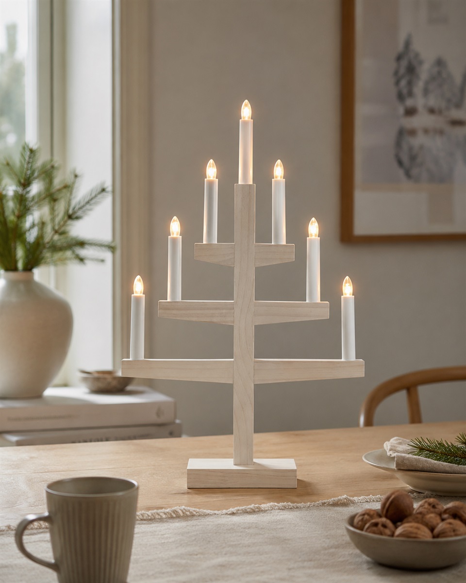 Trapp Witte vlek Van Star Trading - Het minimalistische ontwerp is ge&iuml;nspireerd op de vorm van een kerstboom, waarbij de zeven kaarsen op verschillende hoogtes zijn geplaatst voor een harmonieus geheel.