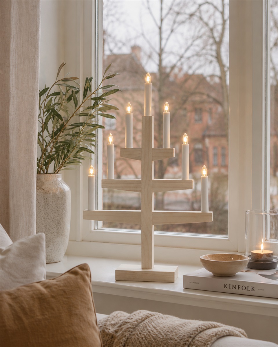 Trapp Witte vlek Van Star Trading - Het minimalistische ontwerp is ge&iuml;nspireerd op de vorm van een kerstboom, waarbij de zeven kaarsen op verschillende hoogtes zijn geplaatst voor een harmonieus geheel.