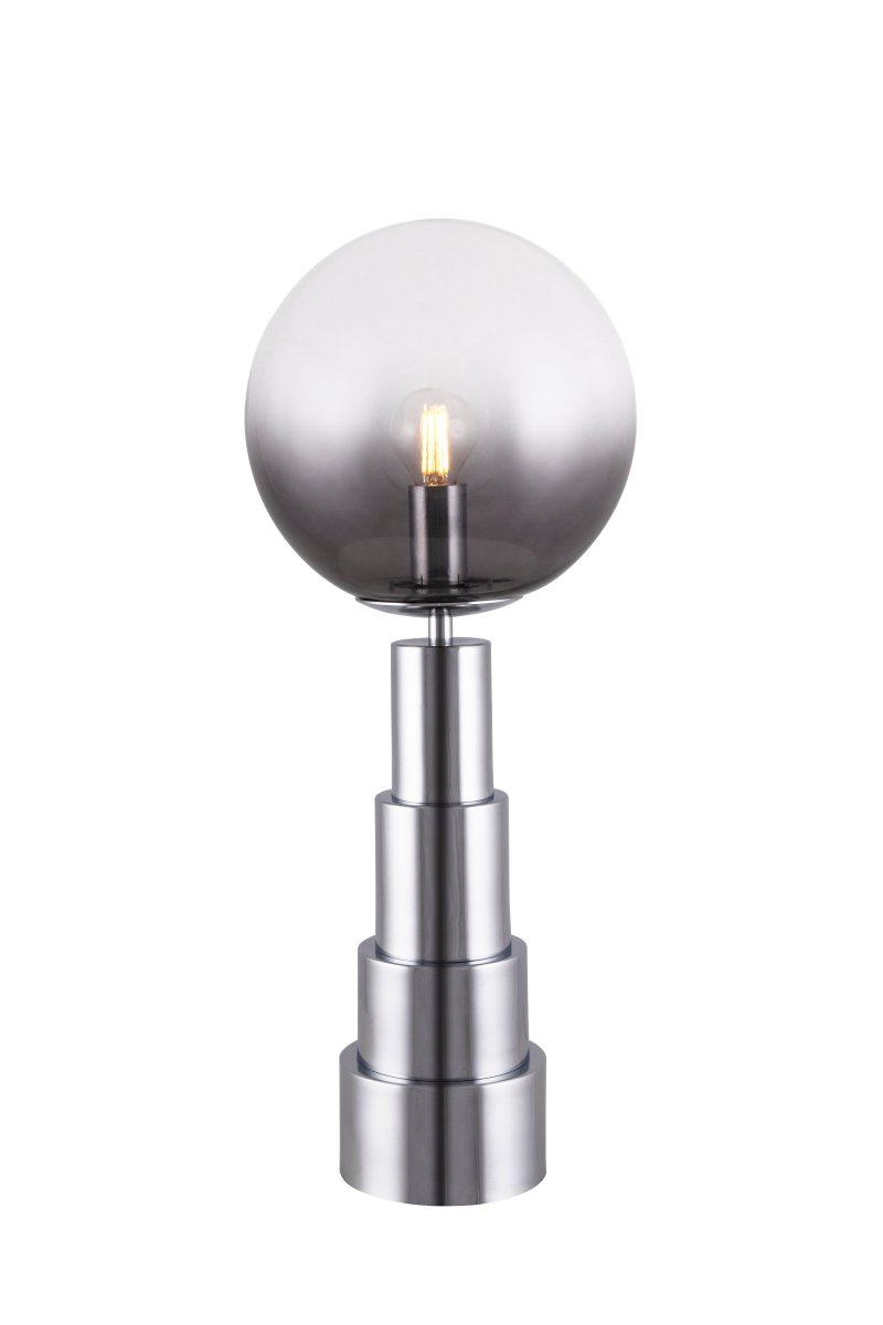 Astro 48cm Chroom tafellamp Van Globen Lighting - De lamp is gemaakt van chroomkleurig metaal en heeft een glazen bol die is getint van rookkleurig naar helder.