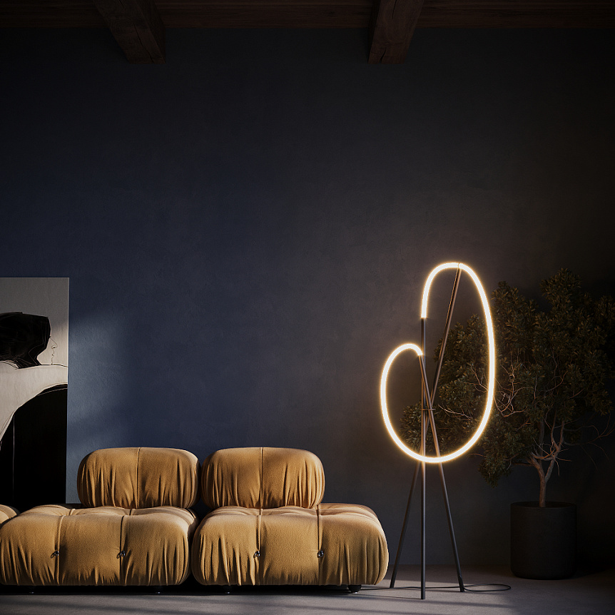 Crochet Zwart vloerlamp Van Maytoni - De hangende LED-lamp zorgt voor een krachtig en sfeervol licht dat de kamer vult, terwijl de lamp een opvallend designelement vormt.