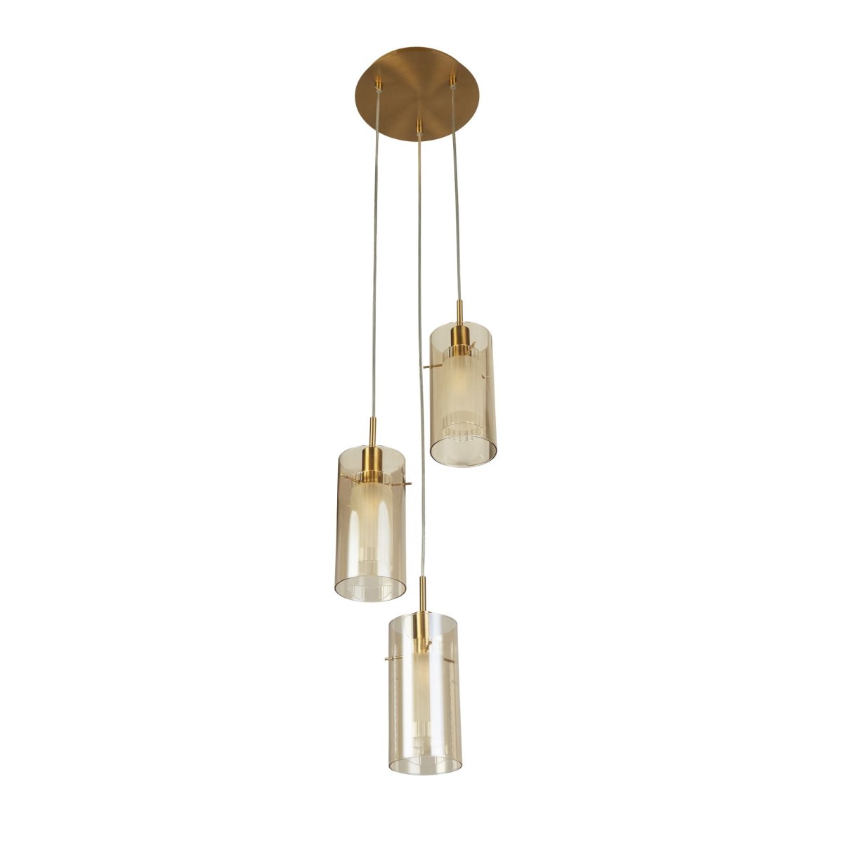 Duo Ø26 Bronzen hanglamp Van Searchlight - De lamp is gemaakt van metaal met een stijlvolle bronzen afwerking en heeft drie cilindrische glazen kappen van amberkleurig glas.