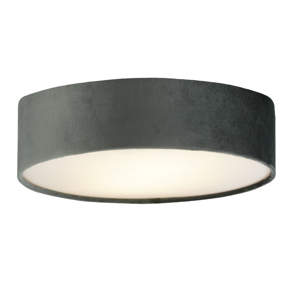 Drum Ø38 Grijs plafondlamp Van Searchlight - Met twee lichtbronnen en een opaal diffuser in de luxe fluwelen kap cre&euml;ert het een warme gloed in elke kamer.