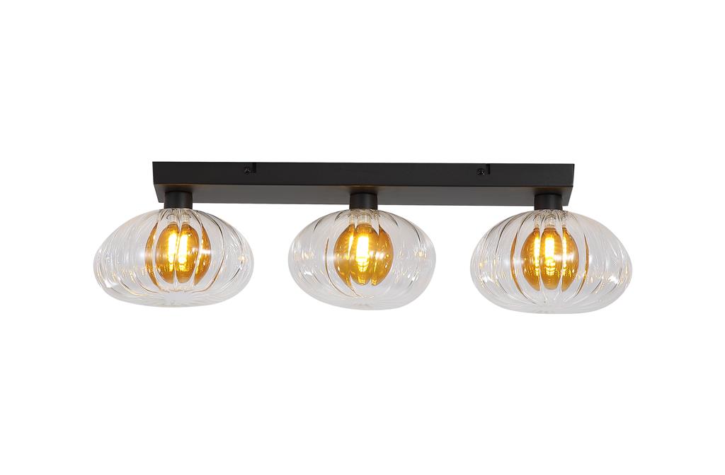 Sunbeam 52cm Transparant/zwart wandlamp Van Searchlight - De ronde, geribbelde kappen van transparant glas hebben een prachtige amberkleurige koepel aan de binnenkant die leven en structuur geeft, terwijl het licht zacht en aangenaam door de ruimte wordt verspreid.