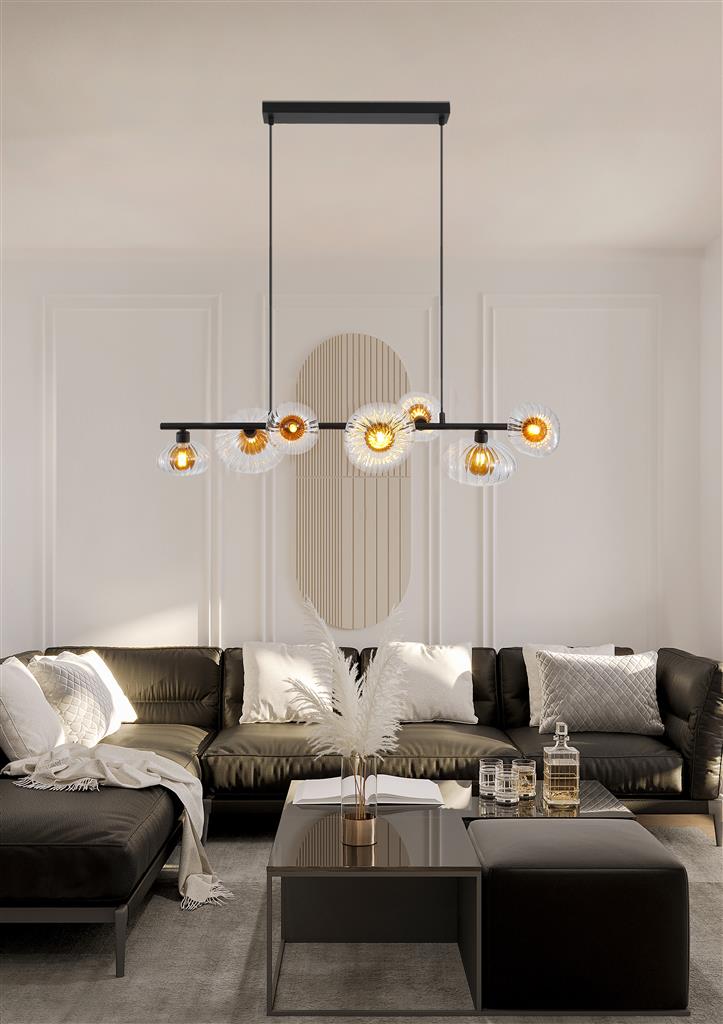 Sunbeam 90cm Transparant/zwart hanglamp Van Searchlight - Het zwarte frame zorgt voor een helder contrast met de warme tinten en versterkt de moderne en karakteristieke uitstraling van de lamp.