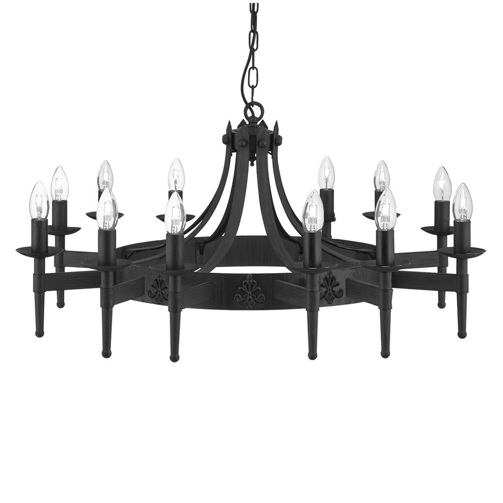 Cartwheel II Ø105 Zwart hanglamp Van Searchlight - Deze indrukwekkende kroonluchter heeft een uitgesproken gotische stijl en is perfect voor slaapkamers, woonkamers, eetkamers of keukens waar je een warme, traditionele sfeer wilt cre&euml;ren.