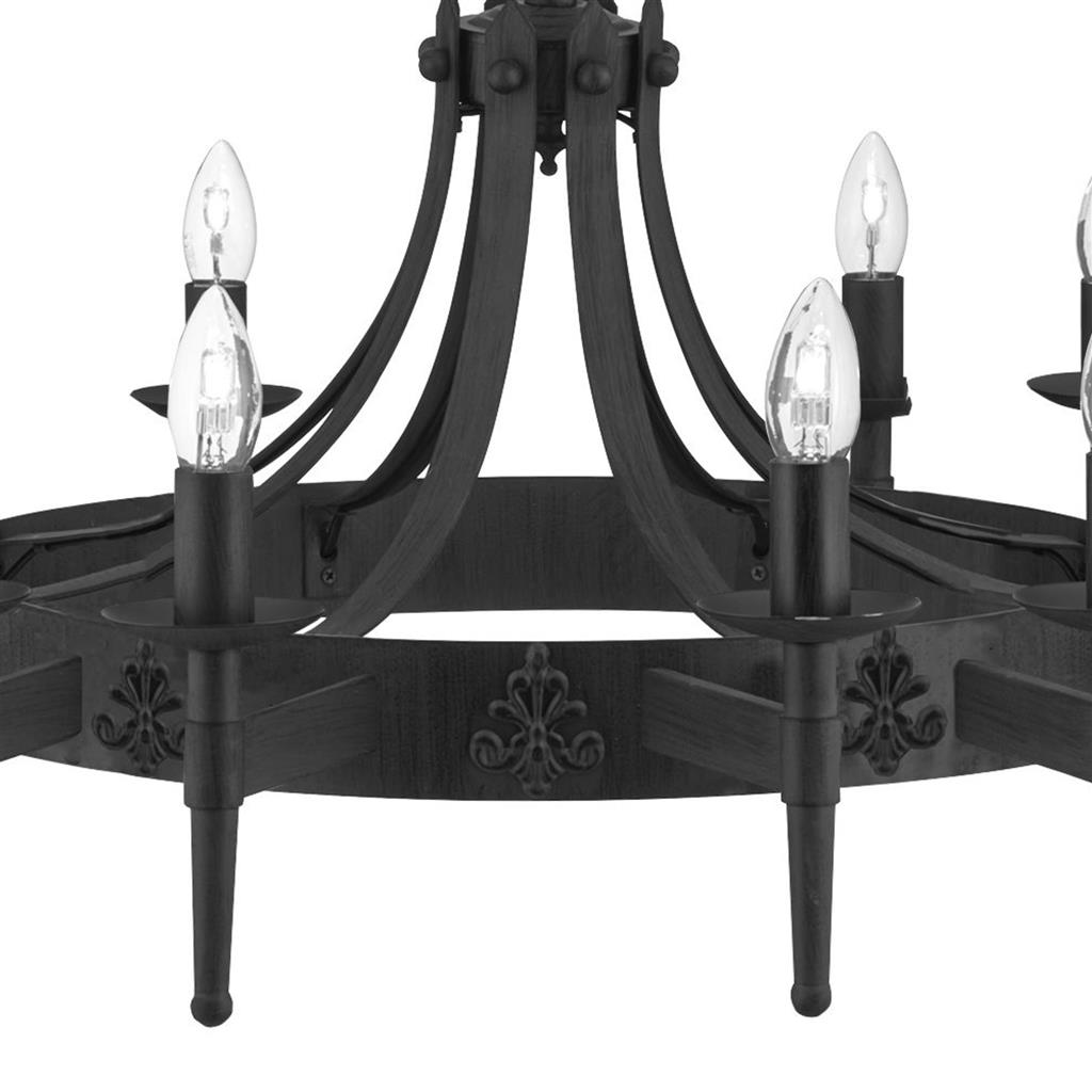 Cartwheel II Ø105 Zwart hanglamp Van Searchlight - Deze indrukwekkende kroonluchter heeft een uitgesproken gotische stijl en is perfect voor slaapkamers, woonkamers, eetkamers of keukens waar je een warme, traditionele sfeer wilt cre&euml;ren.