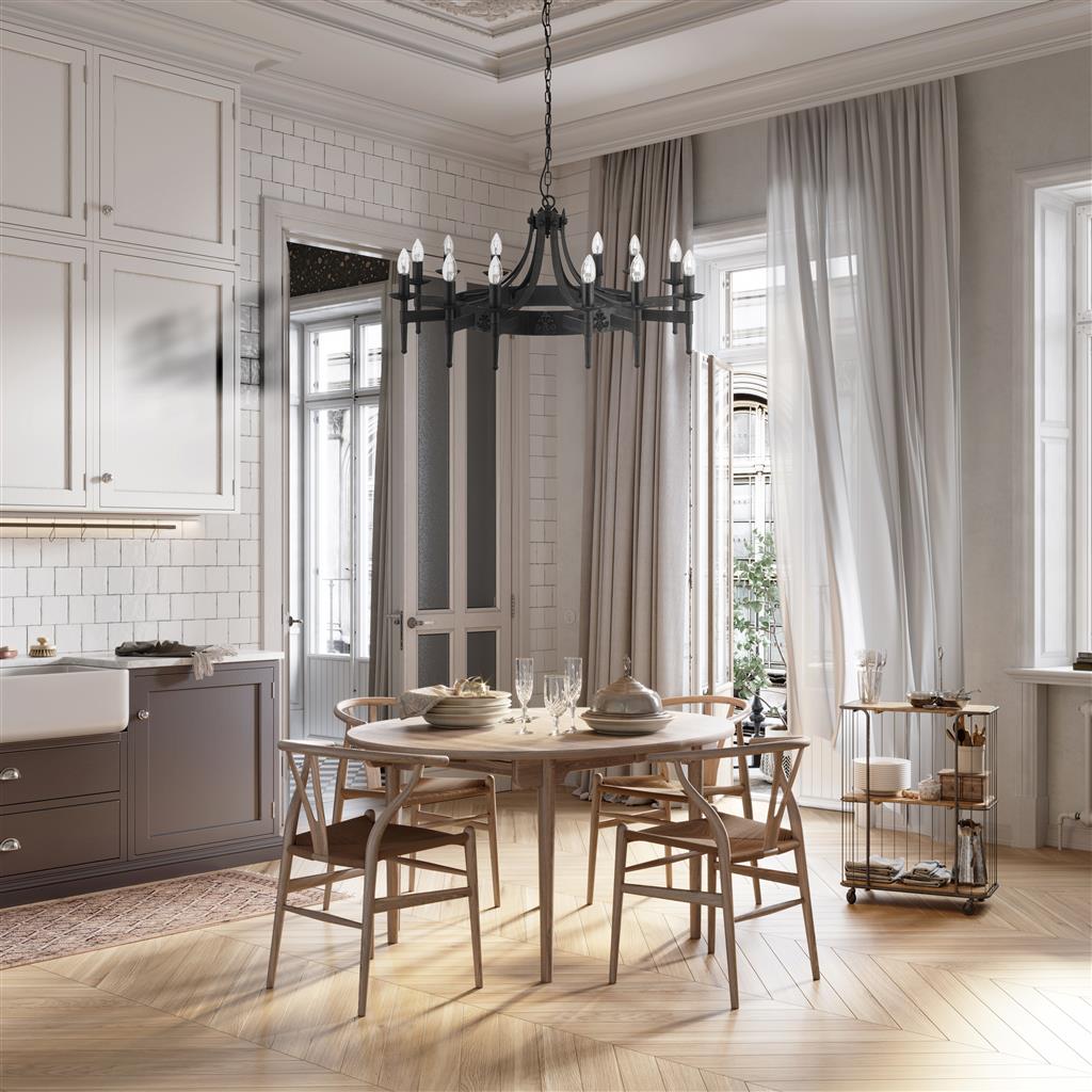 Cartwheel II Ø105 Zwart hanglamp Van Searchlight - Deze indrukwekkende kroonluchter heeft een uitgesproken gotische stijl en is perfect voor slaapkamers, woonkamers, eetkamers of keukens waar je een warme, traditionele sfeer wilt cre&euml;ren.
