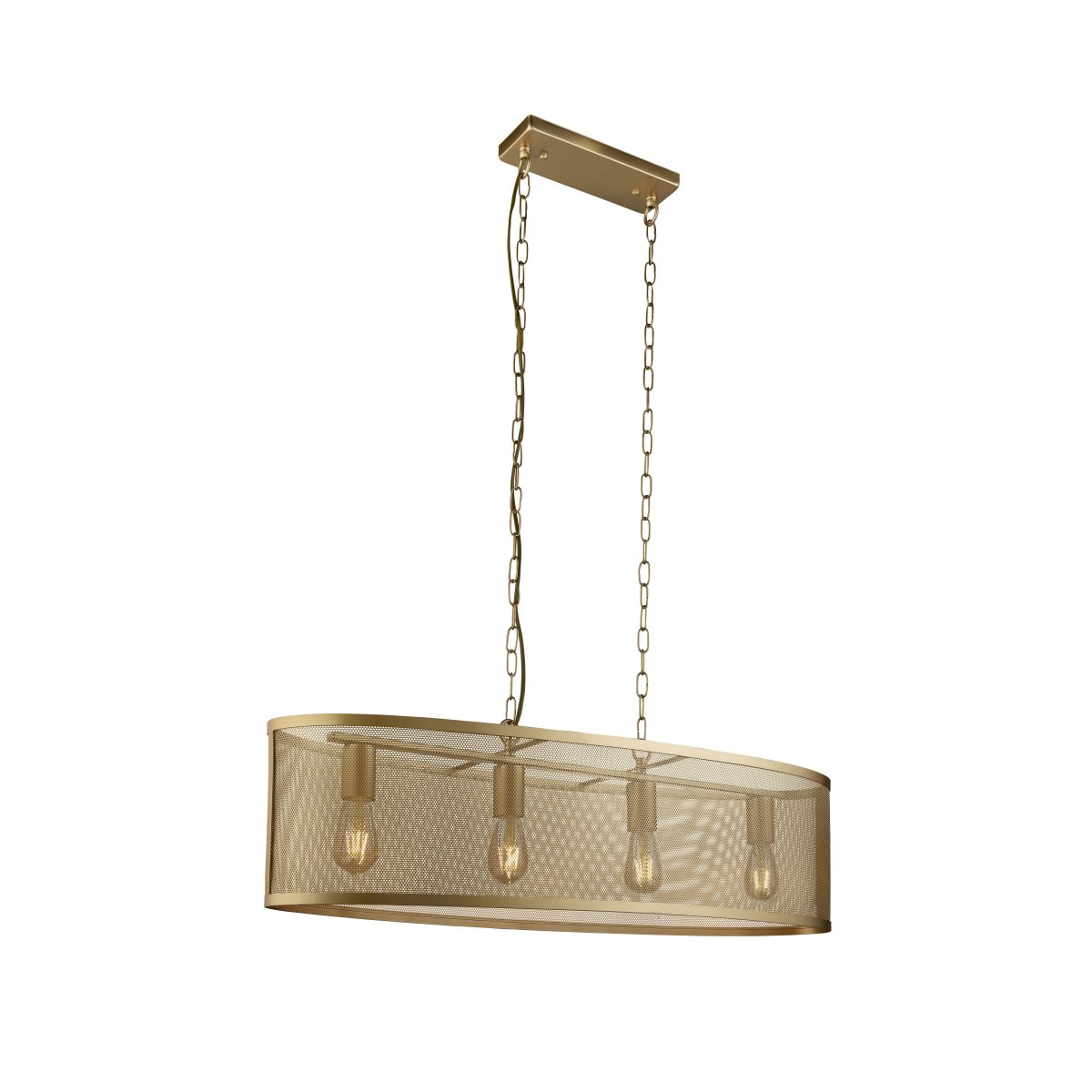 Fishnet 90cm Goud hanglamp Van Searchlight - Deze indrukwekkende Fishnet hanglamp in mat goud omvat vier lichtbronnen in een mooie en decoratieve goudkleurige gaaskooi.