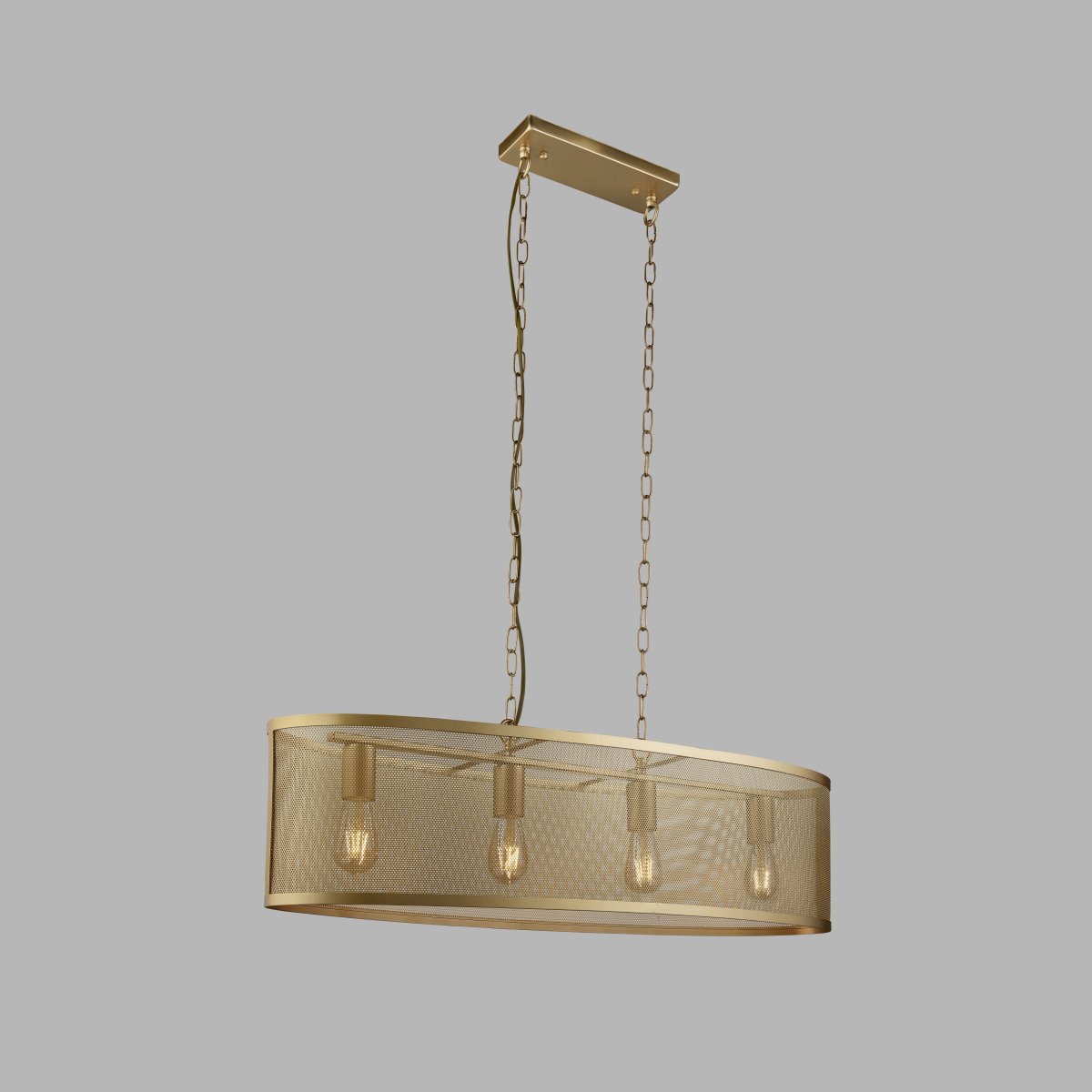 Fishnet 90cm Goud hanglamp Van Searchlight - Deze indrukwekkende Fishnet hanglamp in mat goud omvat vier lichtbronnen in een mooie en decoratieve goudkleurige gaaskooi.