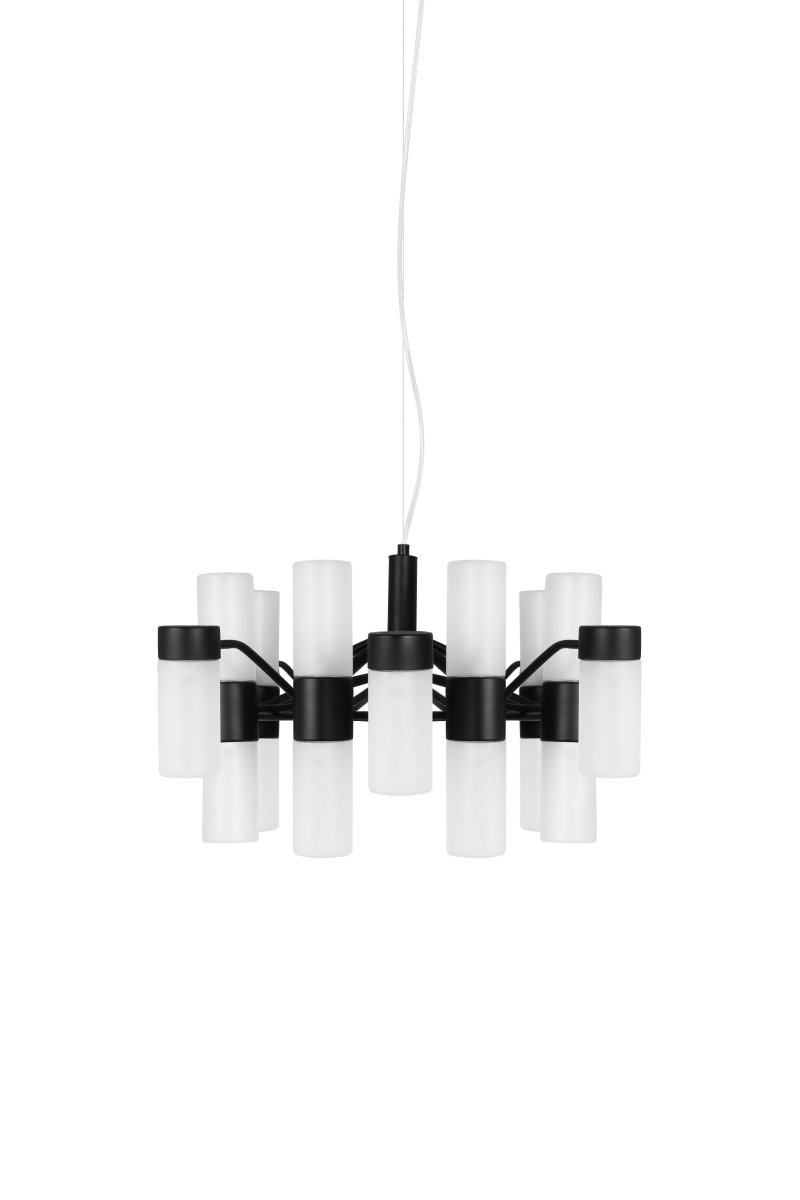  Santa Maria Ø57 Zwart hanglamp Van Globen Lighting - De lamp is gemaakt van matzwart gelakt metaal en heeft 18 kappen van matglas, waardoor er prachtige lichtpunten door het glas heen zichtbaar zijn wanneer de lamp brandt.