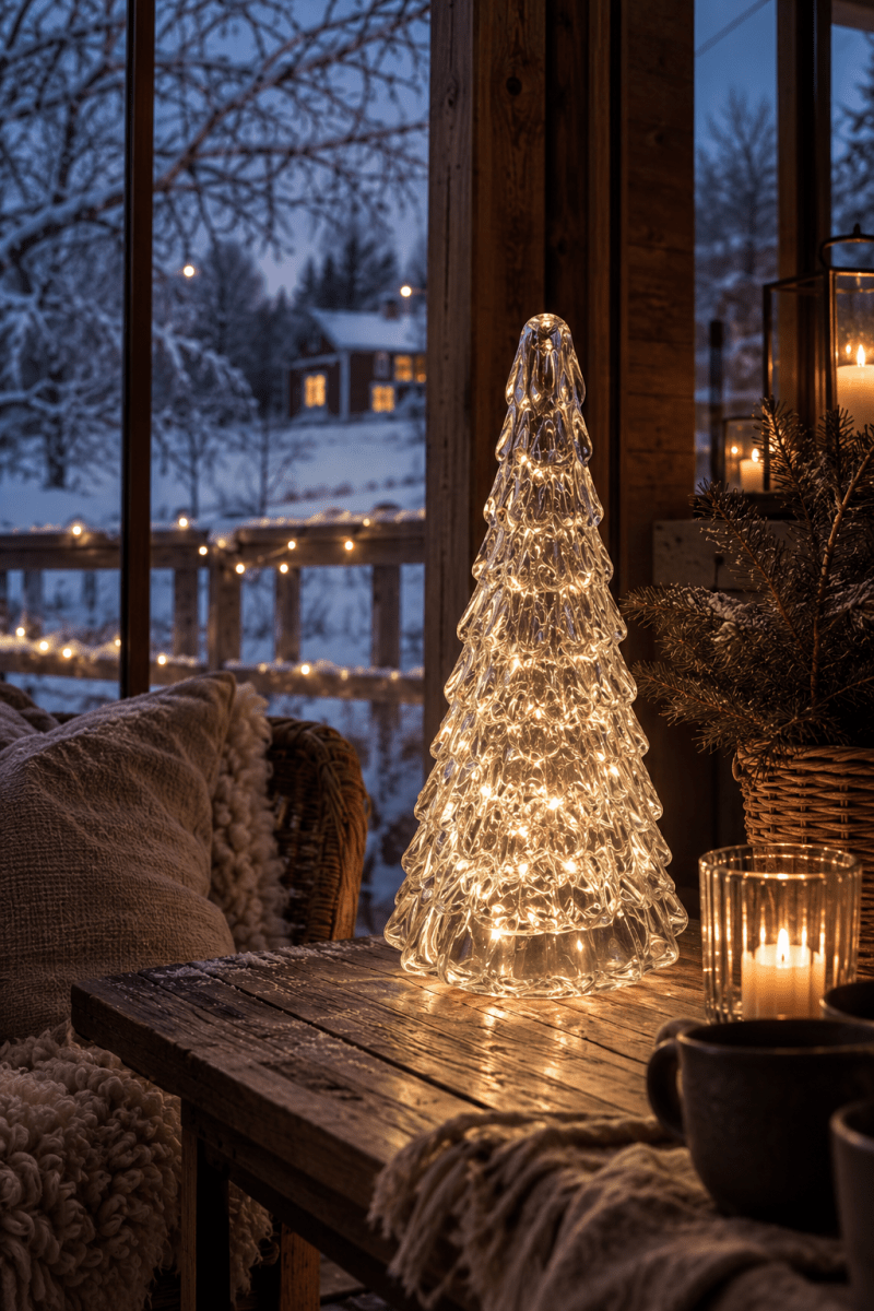 Spar 30cm Transparant Van Pixie Design - De prachtig gevormde kerstboom heeft een ingebouwde lichtslinger met 100 kleine ledlampjes die een aangename, warmwitte gloed verspreiden.