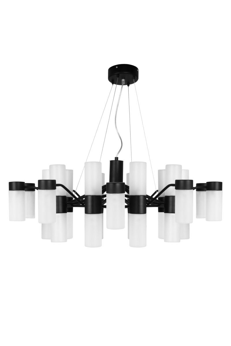Santa Maria Ø90 Zwart hanglamp Van Globen Lighting - De lamp is gemaakt van matzwart gelakt metaal en heeft 30 koepels van gematteerd glas, waardoor er prachtige lichtpunten door het glas zichtbaar zijn wanneer de lamp brandt.