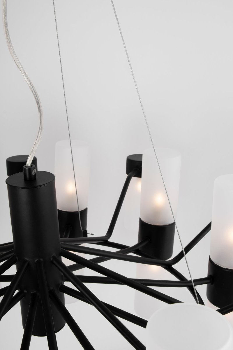Santa Maria Ø90 Zwart hanglamp Van Globen Lighting - De lamp is gemaakt van matzwart gelakt metaal en heeft 30 koepels van gematteerd glas, waardoor er prachtige lichtpunten door het glas zichtbaar zijn wanneer de lamp brandt.