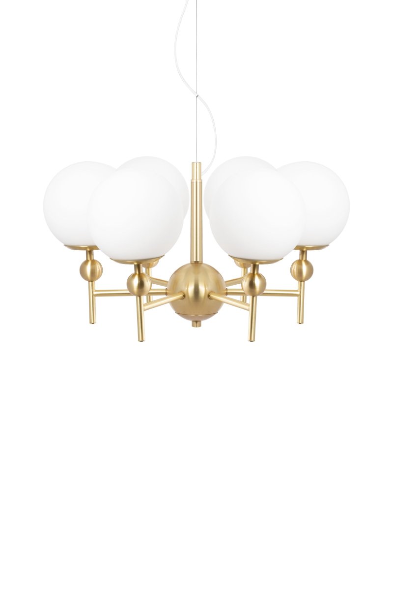 Astrid Ø50 Geborsteld messing hanglamp Van Globen Lighting - De lamp heeft een 120 cm lange witte textielkabel met draad en een plafondkap in bijpassend geborsteld messing, kroonconnector voor plafondaansluiting niet inbegrepen.