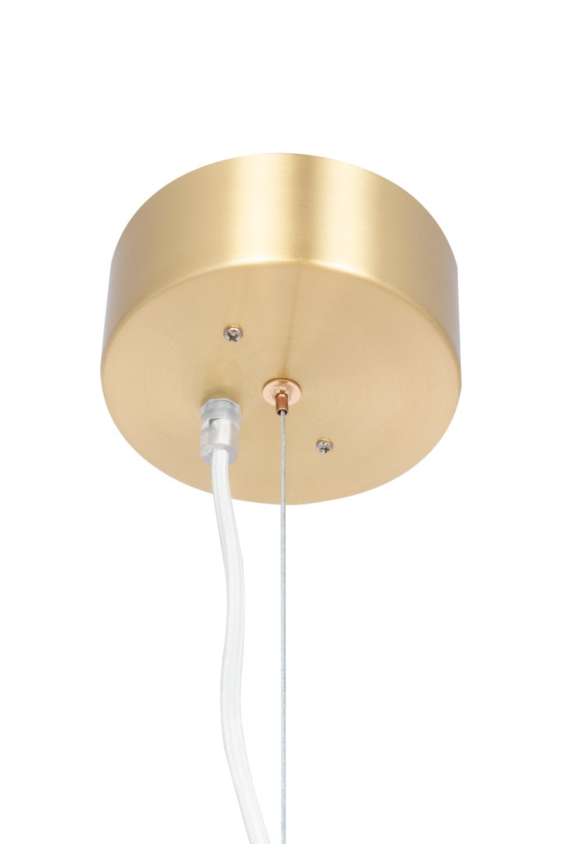 Astrid Ø50 Geborsteld messing hanglamp Van Globen Lighting - De lamp heeft een 120 cm lange witte textielkabel met draad en een plafondkap in bijpassend geborsteld messing, kroonconnector voor plafondaansluiting niet inbegrepen.