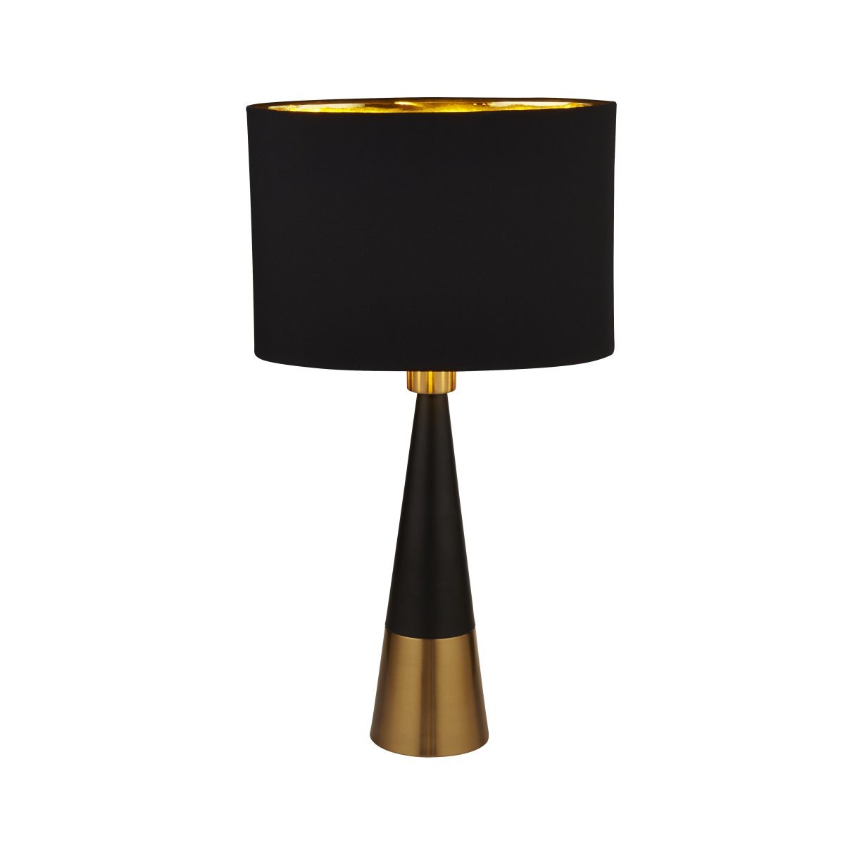 Chloe 40cm Matzwart tafellamp Van Searchlight - De ovale lampenkap met gouden binnenkant zorgt voor een warm en aangenaam licht, terwijl de slanke voet met contrasterende gouden voet een verfijnde toets toevoegt.