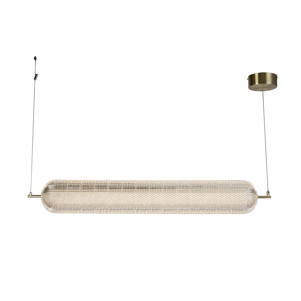 Capsule 108cm Messing hanglamp Van Searchlight - Capsule is een elegante en moderne hanglamp met details van satijnmessing en een kap van acrylglas die een zacht en aangenaam licht verspreidt.