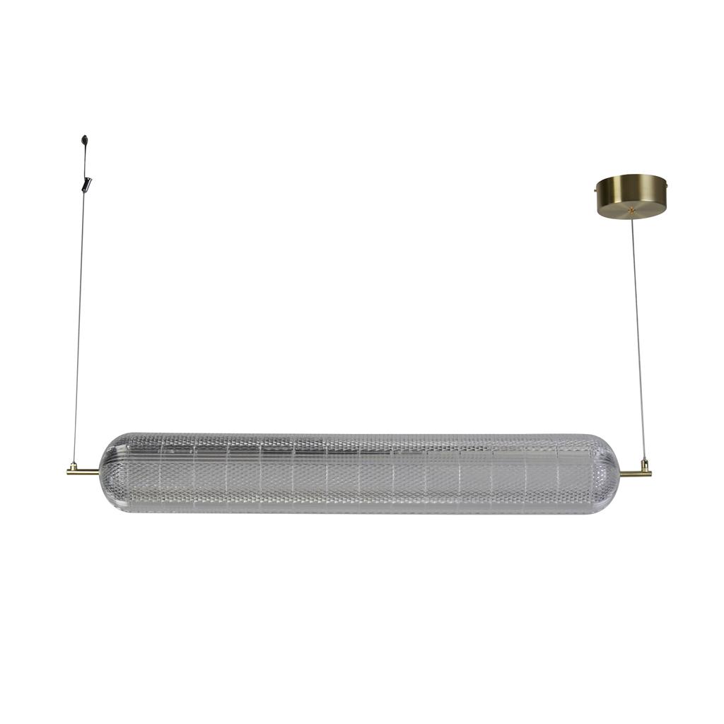 Capsule 108cm Messing hanglamp Van Searchlight - Capsule is een elegante en moderne hanglamp met details van satijnmessing en een kap van acrylglas die een zacht en aangenaam licht verspreidt.