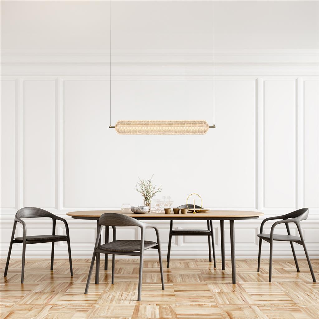 Capsule 108cm Messing hanglamp Van Searchlight - Capsule is een elegante en moderne hanglamp met details van satijnmessing en een kap van acrylglas die een zacht en aangenaam licht verspreidt.
