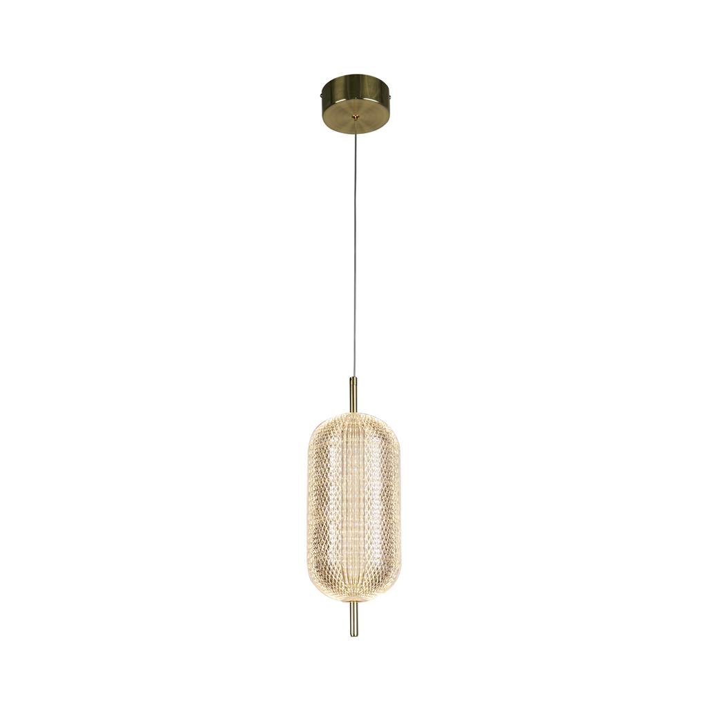 Capsule Ø15 Messing hanglamp Van Searchlight - Capsule is een elegante en moderne hanglamp met details van satijnmessing en een kap van acrylglas die een zacht en aangenaam licht verspreidt.