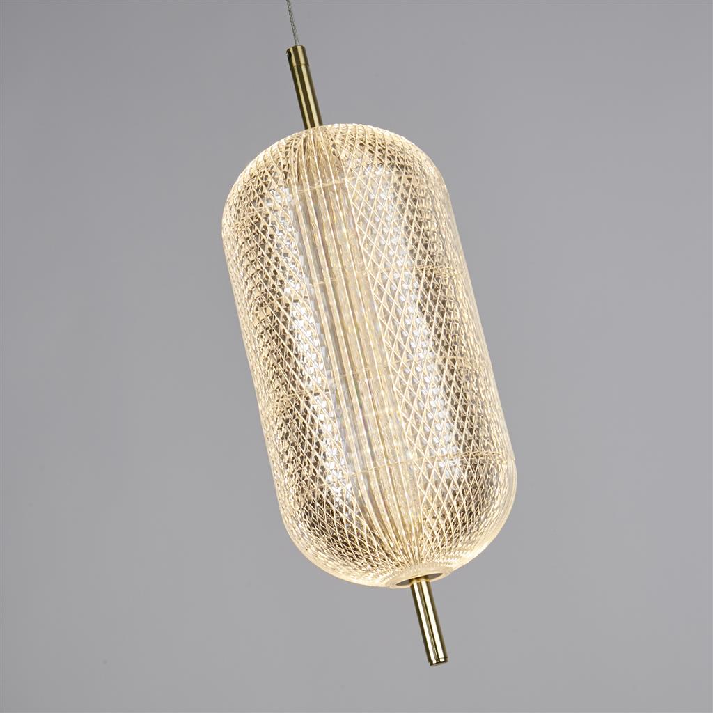 Capsule Ø15 Messing hanglamp Van Searchlight - Capsule is een elegante en moderne hanglamp met details van satijnmessing en een kap van acrylglas die een zacht en aangenaam licht verspreidt.