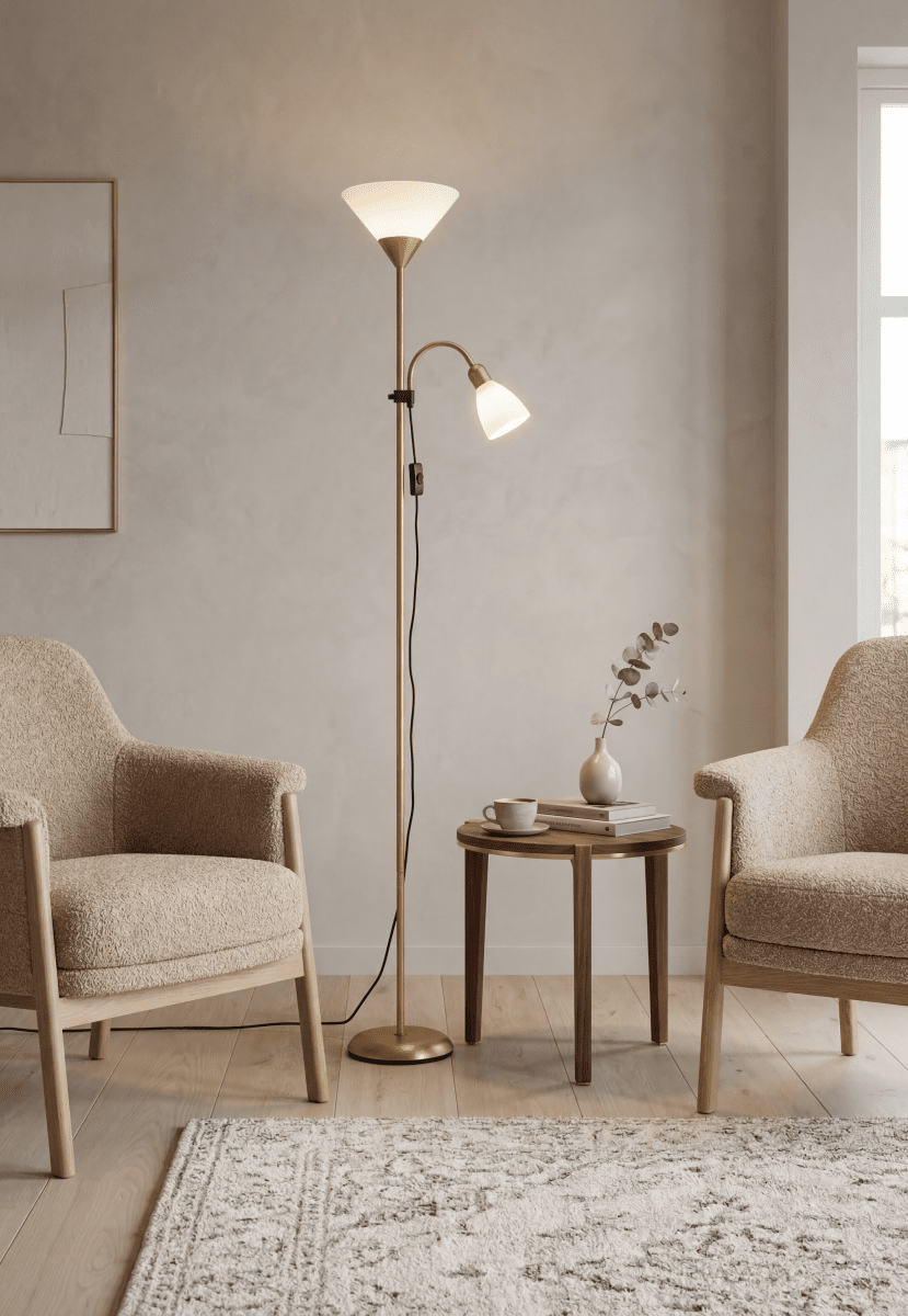 Vigo Messing vloerlamp Van Aneta Lighting - De uplight heeft een E27 fitting en de leesarm een E14 fitting.