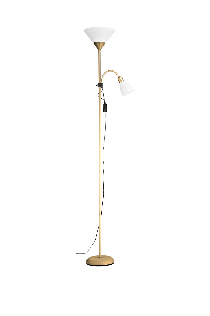 Vigo Messing vloerlamp Van Aneta Lighting - De uplight heeft een E27 fitting en de leesarm een E14 fitting.