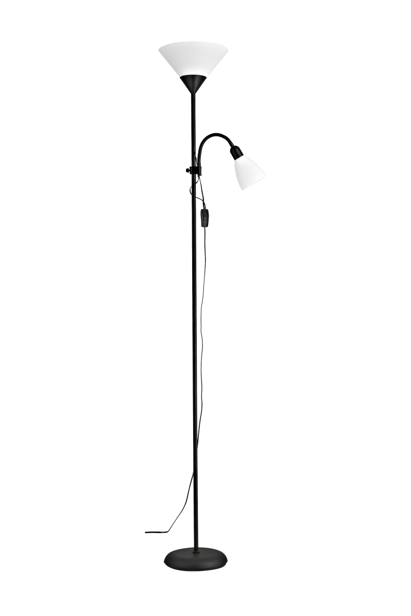  Vigo Zwart vloerlamp Van Aneta Lighting - De uplight heeft een E27 fitting en de tafelarm een E14 fitting.