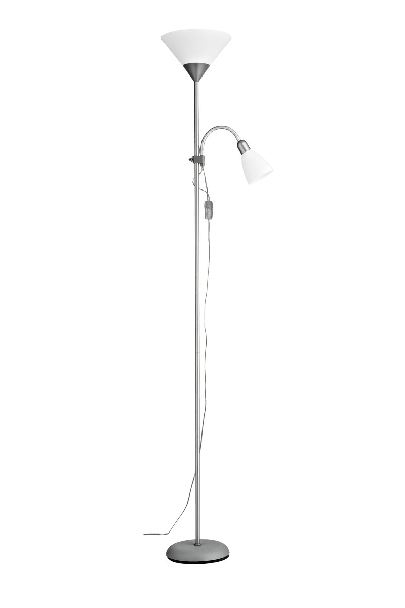  Vigo Zilver vloerlamp Van Aneta Lighting - De uplight heeft een E27 fitting en de tafelarm een E14 fitting.