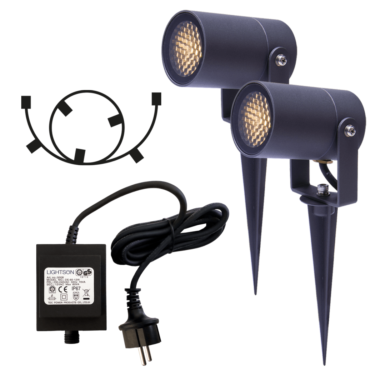 Luna Start Donkergrijs Van Lightson - Det ing&aring;r en st&ouml;rre transformator f&ouml;r att kunna bygga ut ditt system i framtiden, en 5m grenkabel och 2st m&ouml;rkgr&aring; Luna markspottar.