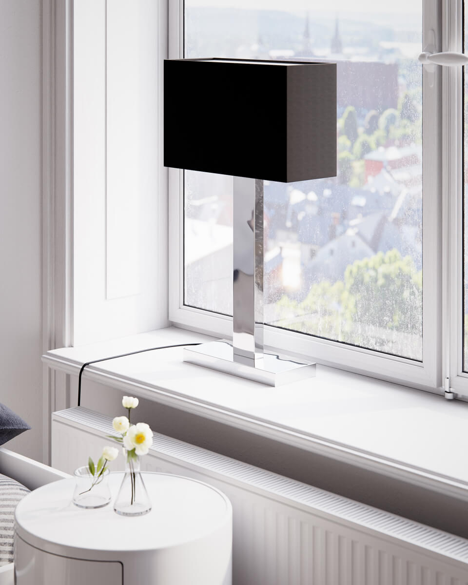 Prime 70cm Chroom tafellamp Van By Rydéns - Ontdek de mogelijkheden met de Prime tafellamp in metaal en stoffen kap en laat het elegante design en warme licht uw grote raam verfraaien en een uitnodigende sfeer in uw huis cre&euml;ren.