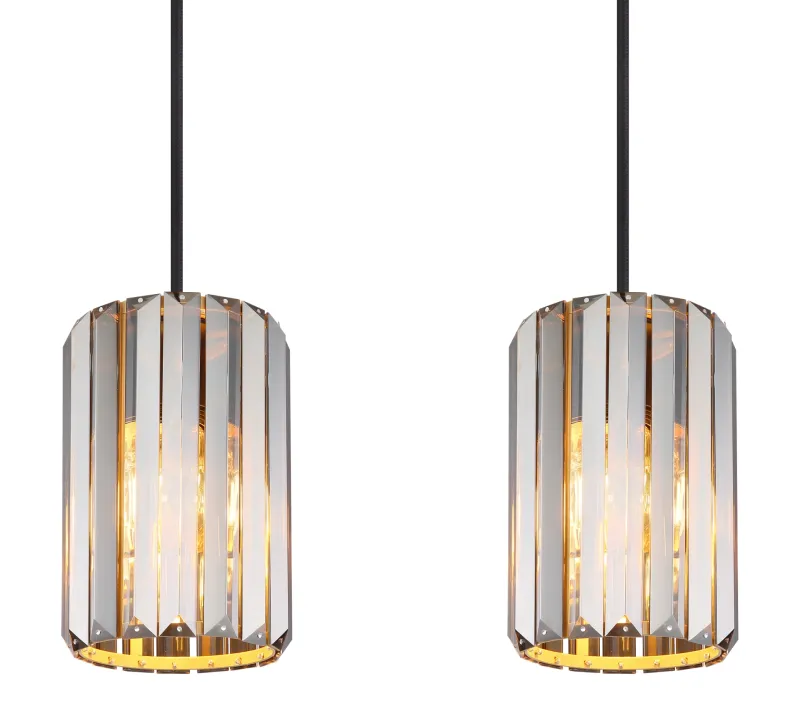 Run 88cm Rookkleurig hanglamp Van Globo Lighting - Kombinationen av metall i tr&auml;utseende och de fyra sk&auml;rmarna med r&ouml;kf&auml;rgade K5-kristaller ger en harmonisk ljusspridning och en sofistikerad k&auml;nsla.