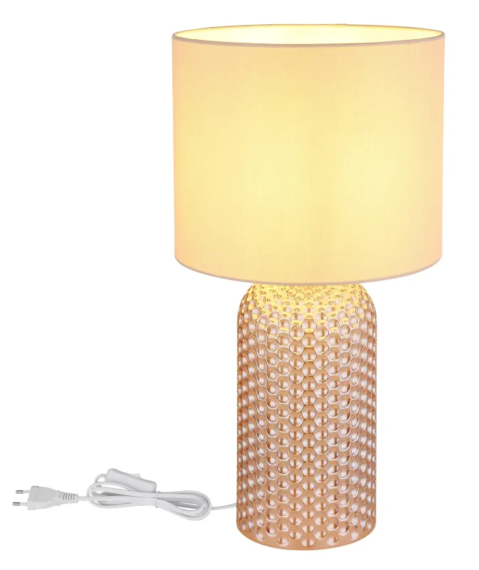 Sofia 50cm Champagne tafellamp Van Globo Lighting - Bordslampan Sofia imponerar med sin eleganta kombination av en texturerad glaskropp och en cylindrisk textilsk&auml;rm i lyxig champagneton.