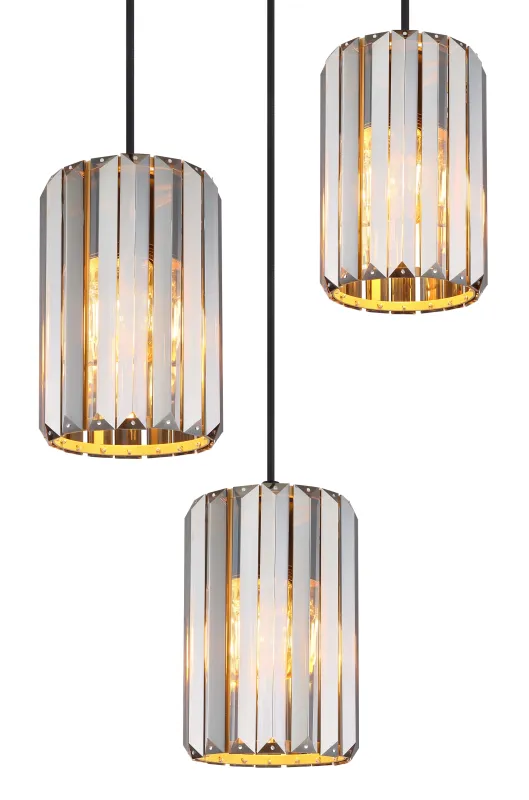 Run Ø35 Rookkleurig hanglamp Van Globo Lighting - Kombinationen av metall i tr&auml;utseende och de tre sk&auml;rmarna med r&ouml;kf&auml;rgade K5-kristaller ger en harmonisk ljusspridning och en sofistikerad k&auml;nsla.
