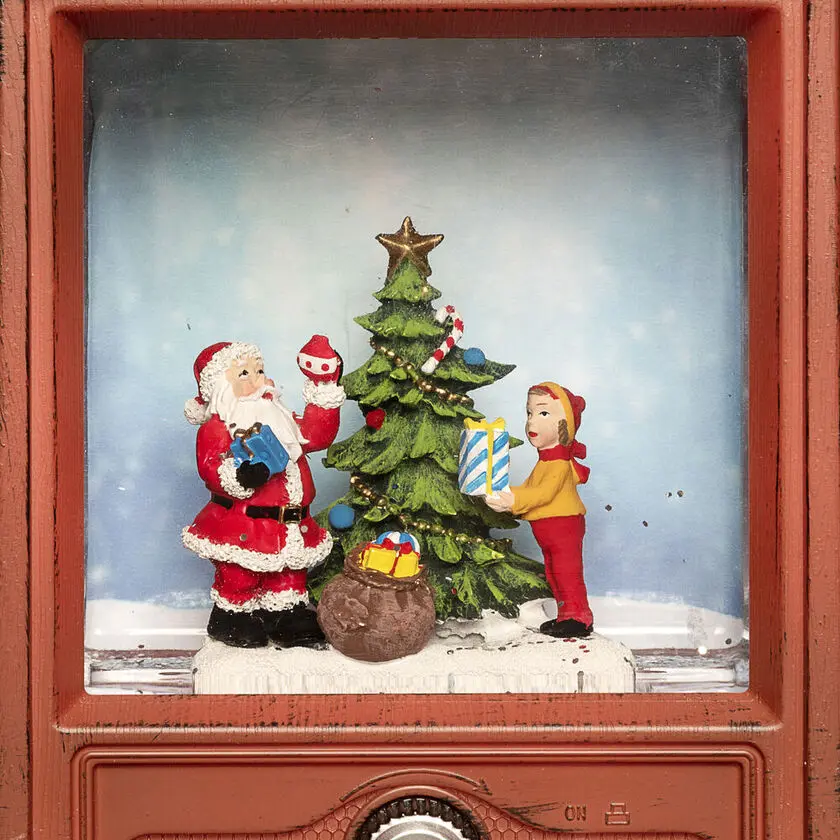 Met Water Gevulde Lantaarn In De Vorm Van Een Tv Bruin Van Konstsmide - Deze met water gevulde lantaarn in de vorm van een retro-tv toont een sfeervol tafereel met de Kerstman, een jongen en een versierde kerstboom.