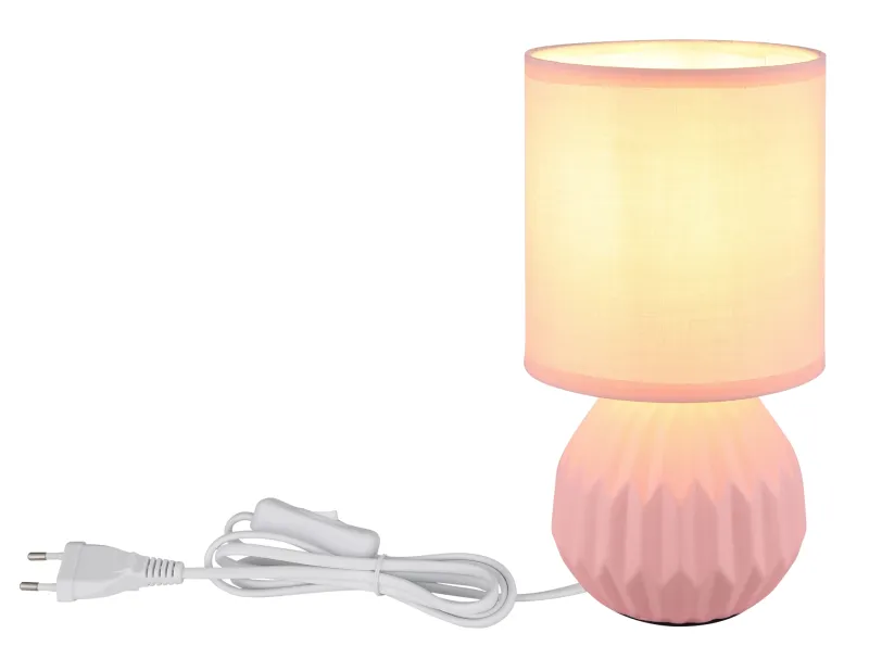Sylas 23cm Roze tafellamp Van Globo Lighting - Den rundade keramiska basen i elegant rosa och den matchande cylindriska textilsk&auml;rmen skapar en harmonisk och modern estetik.