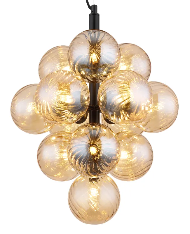 Conor Ø40 Amber hanglamp Van Globo Lighting - Den har 13st dekorativa ambertonade glaskupor som alla omfamnar en ljusk&auml;lla vilket skapar en fin och harmonisk ljusspridning i rummet.