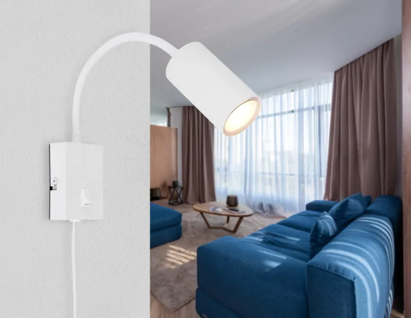 Robby Wit leeslamp Van Globo Lighting - Robby &auml;r en klassisk, kompakt v&auml;gglampa tillverkad i plast och mattvit metall, vilket ger en stilren och modern look.