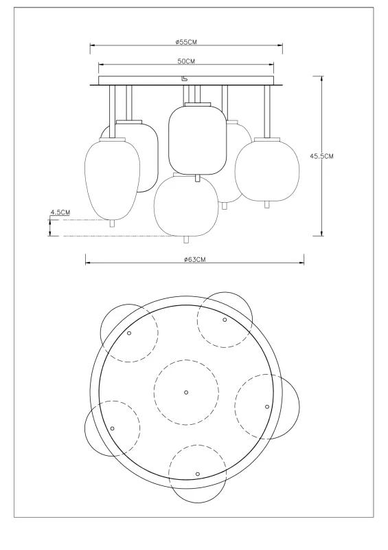 Blacky Ø63 Messing plafondlamp Van Globo Lighting - Lampan &auml;r utrustad med 6st r&ouml;kf&auml;rgade glaskupor i olika former, som h&auml;nger fr&aring;n taket p&aring; mattsvarta st&auml;nger f&auml;sta vid en m&auml;ssingsf&auml;rgad bas.