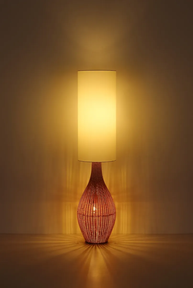 Anko Bruin vloerlamp Van Globo Lighting - Den rundade designen i plast med en dekorativ rottinglook ger en naturlig charm, medan den vita textilsk&auml;rmen sprider ett mjukt och behagligt ljus.