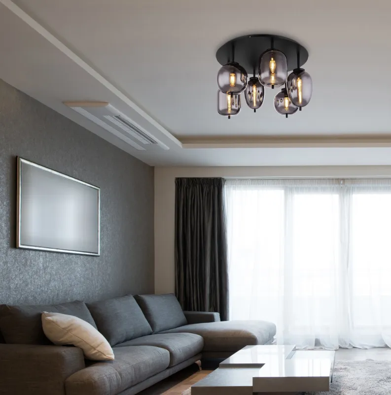 Blacky Ø63 Zwart plafondlamp Van Globo Lighting - Lampan &auml;r utrustad med 6st r&ouml;kf&auml;rgade glaskupor i olika former, som h&auml;nger fr&aring;n taket p&aring; mattsvarta st&auml;nger f&auml;sta vid en matchande bas.