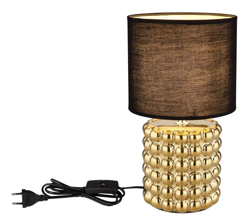 Valentino 33cm Goud tafellamp Van Globo Lighting - P&aring; en cylinderformad fot i guldf&auml;rgad keramik vilar en stilren, svart textilsk&auml;rm.